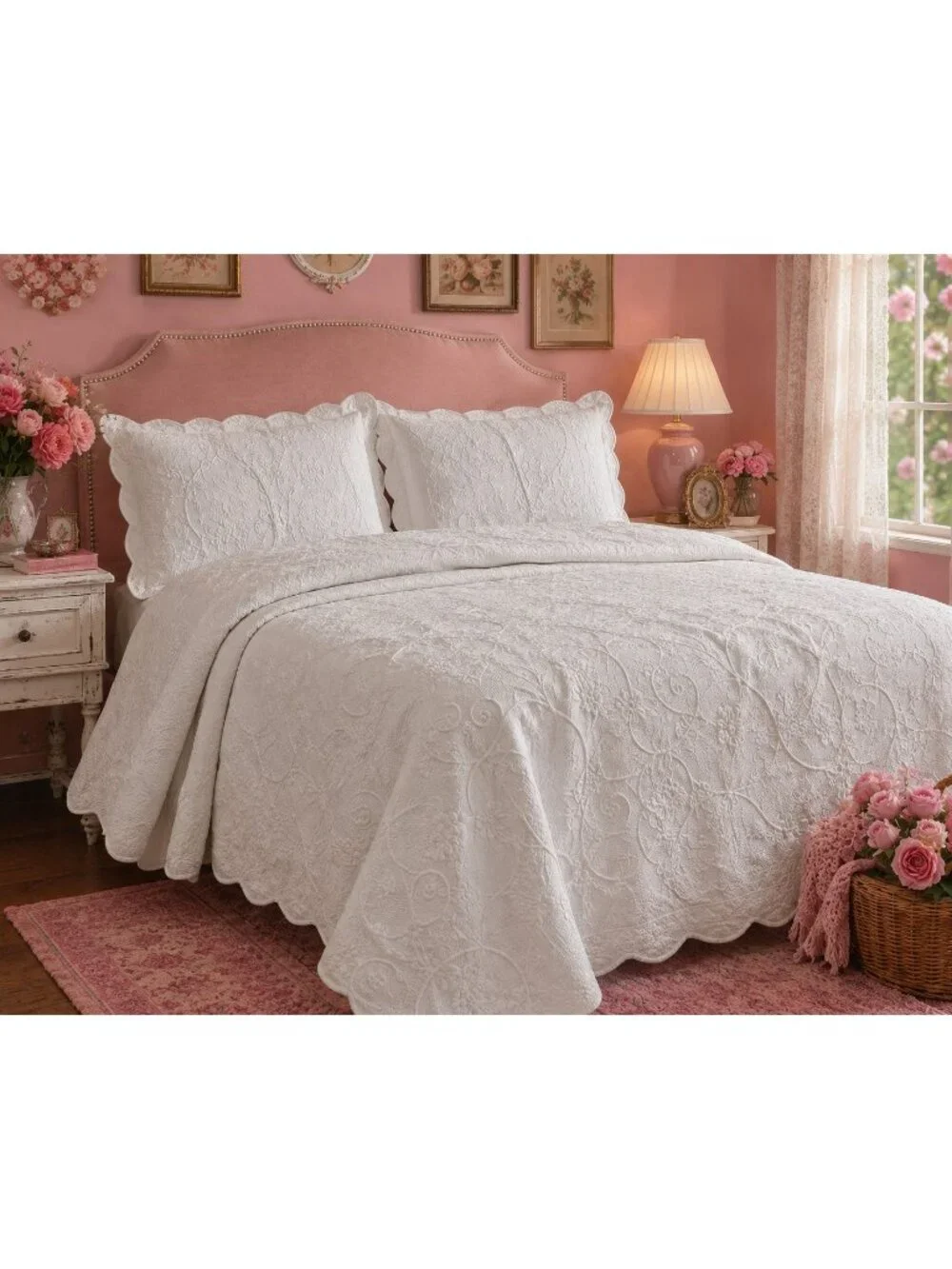 Cotton Portugal Matelasse Coverlet & Shams White Floral Bedspread Queen 88x96